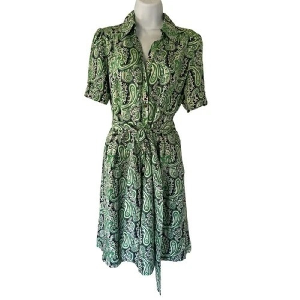 Donna Morgan Sz 8  Med Green Paisley Dress 100% silk side pockets w/ Tie Ribbon